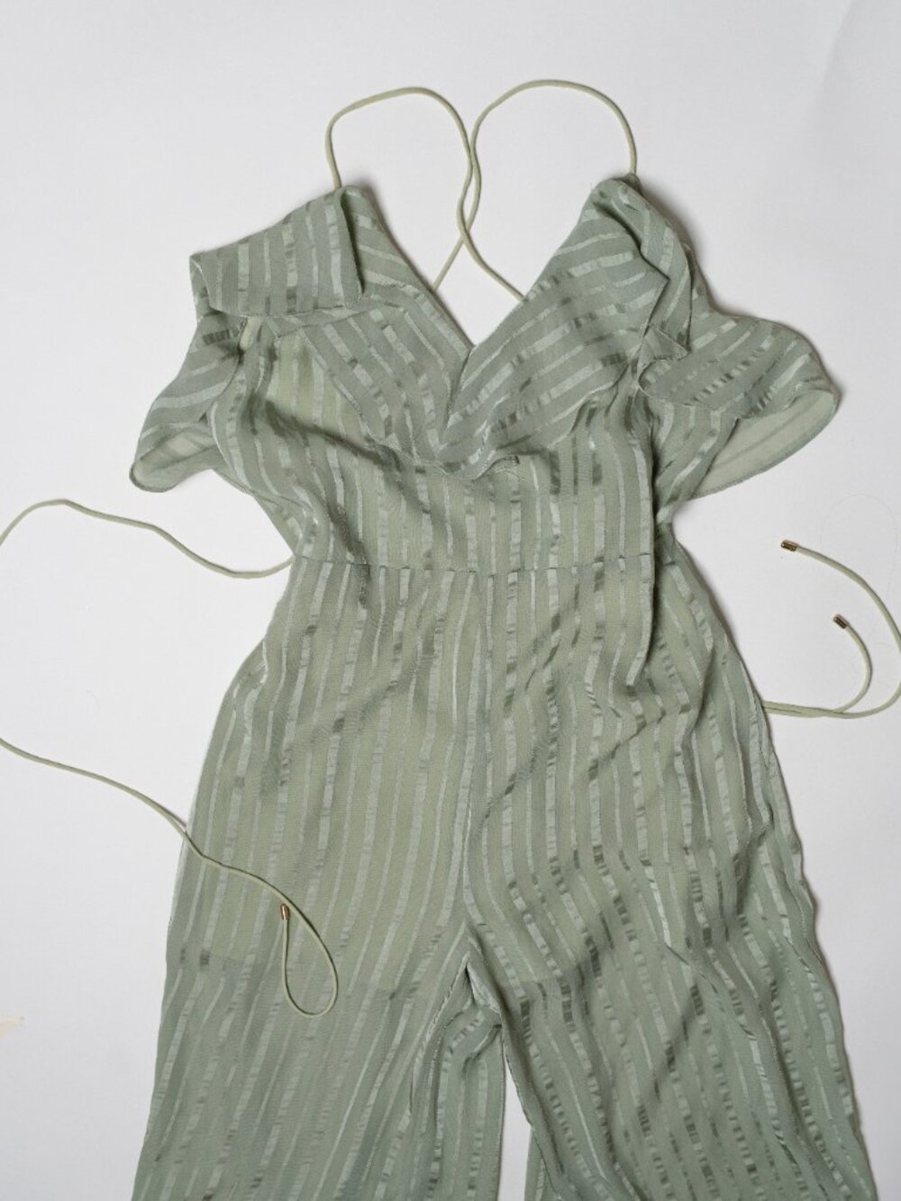 ELLIATT Mint Sage Green Striped Ruffle Wide-Leg Jumpsuit - Picture 3 of 5